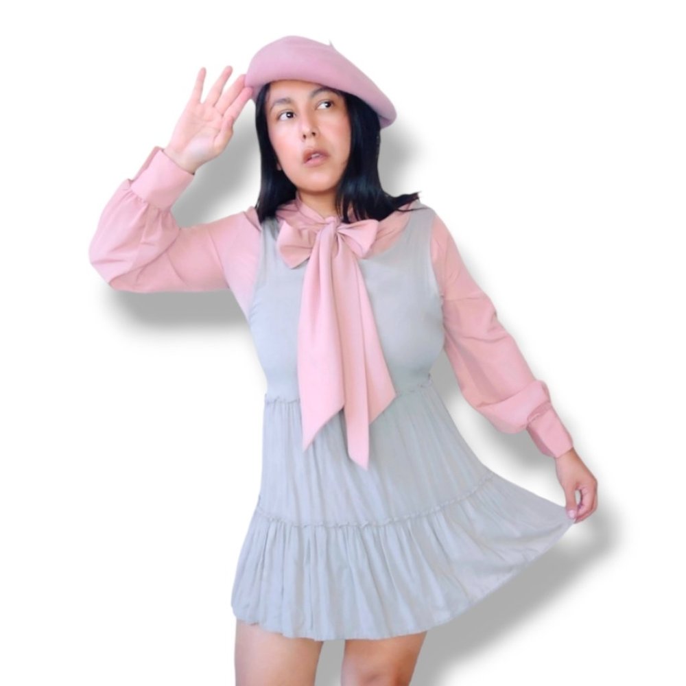 Vera Maxwell vintage 70s self-tie bow poet sleeves top in mauve pink
